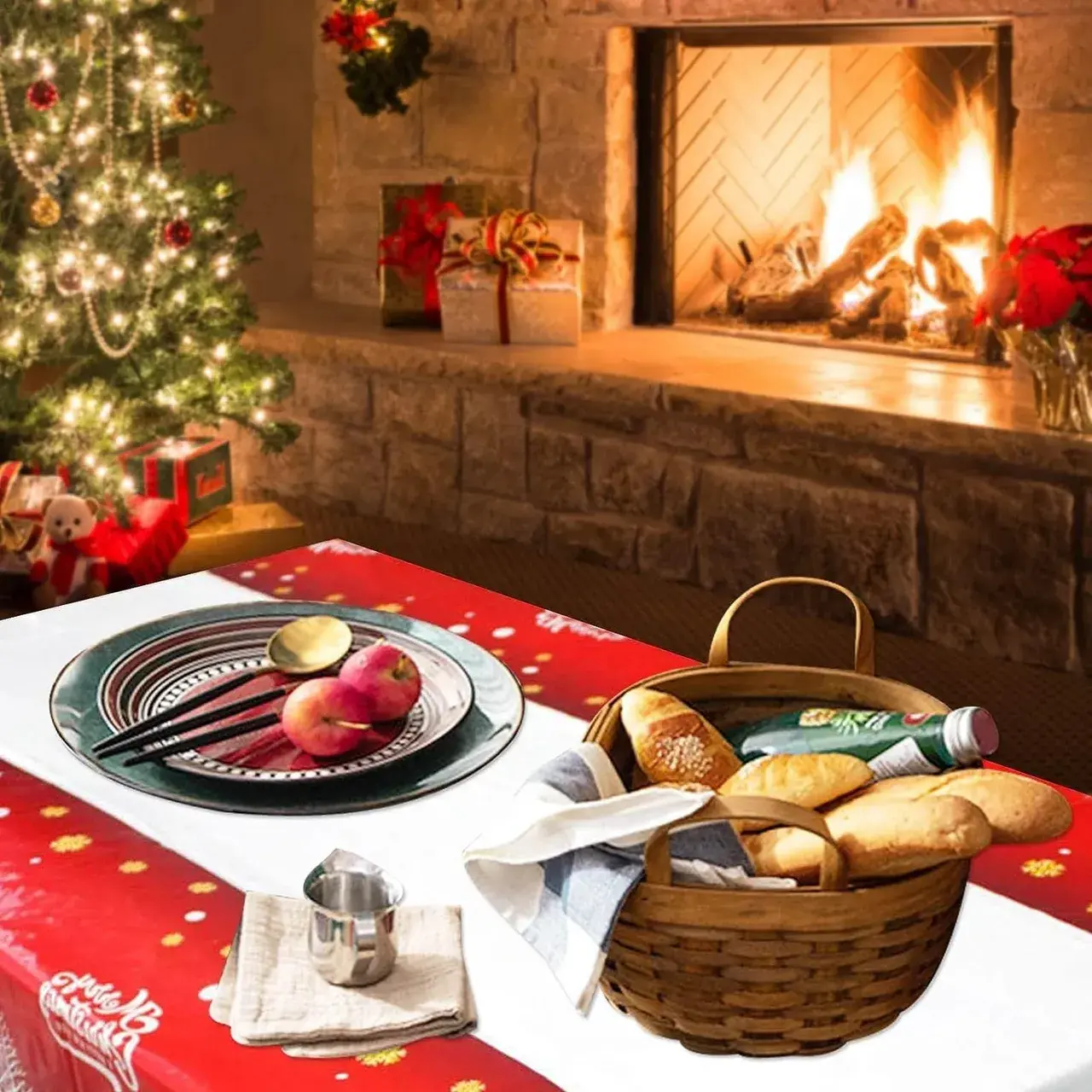 Fata de masa dreptunghiulara, PVC, 2.5 mm grosime, imprimeu Merry Christmas, potrivit pentru Craciun, utilizare multipla, 180 x 108 cm, alb (2)