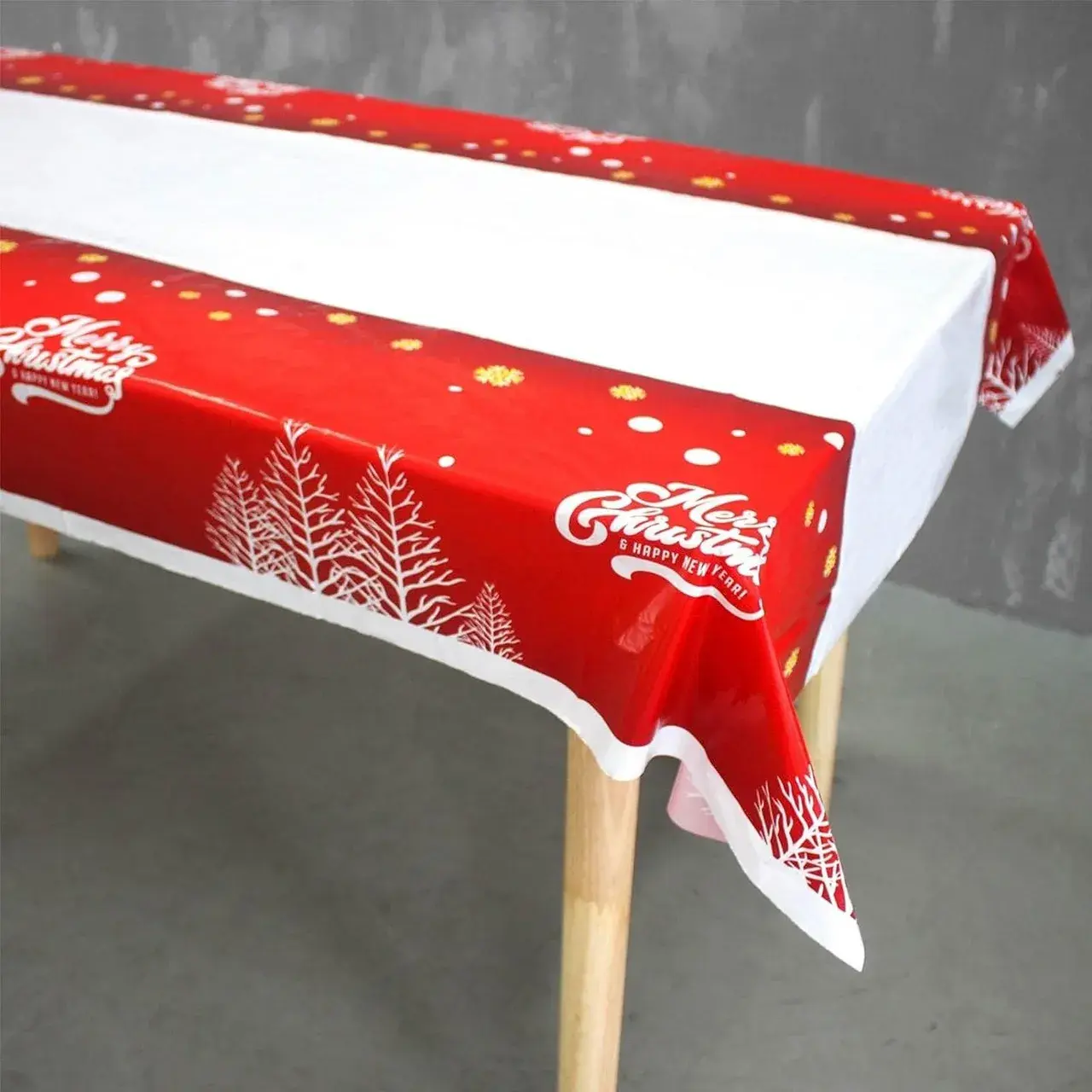 Fata de masa dreptunghiulara, PVC, 2.5 mm grosime, imprimeu Merry Christmas, potrivit pentru Craciun, utilizare multipla, 180 x 108 cm, alb (3)