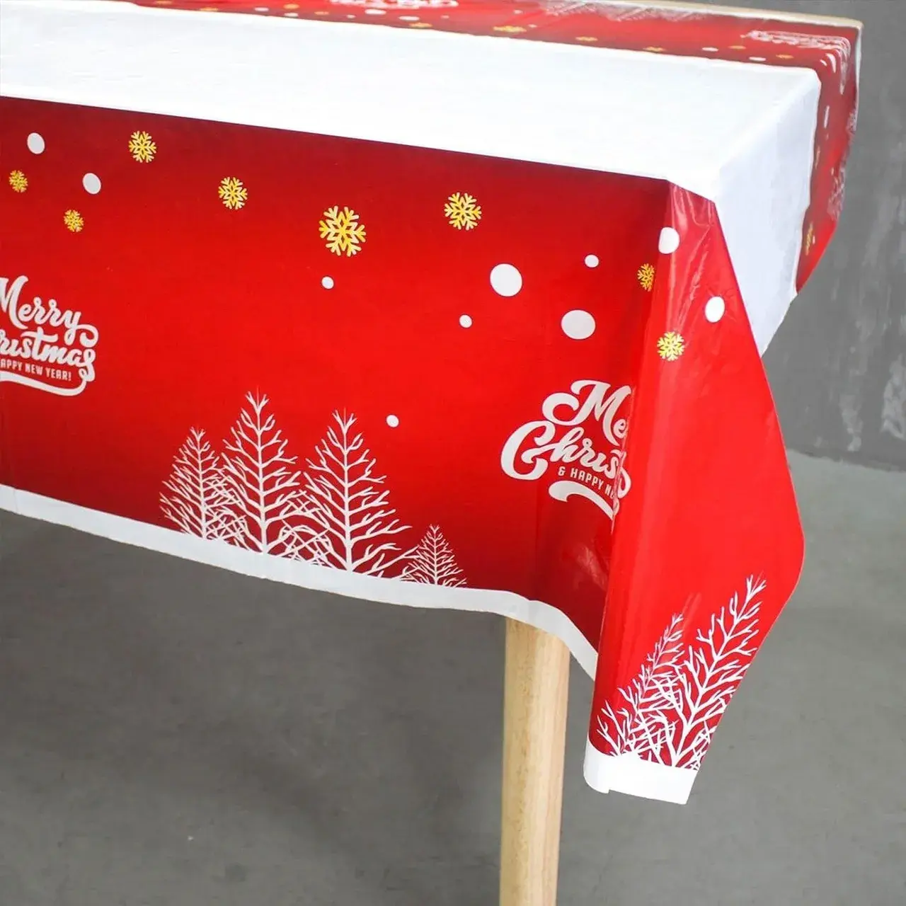 Fata de masa dreptunghiulara, PVC, 2.5 mm grosime, imprimeu Merry Christmas, potrivit pentru Craciun, utilizare multipla, 180 x 108 cm, alb (5)