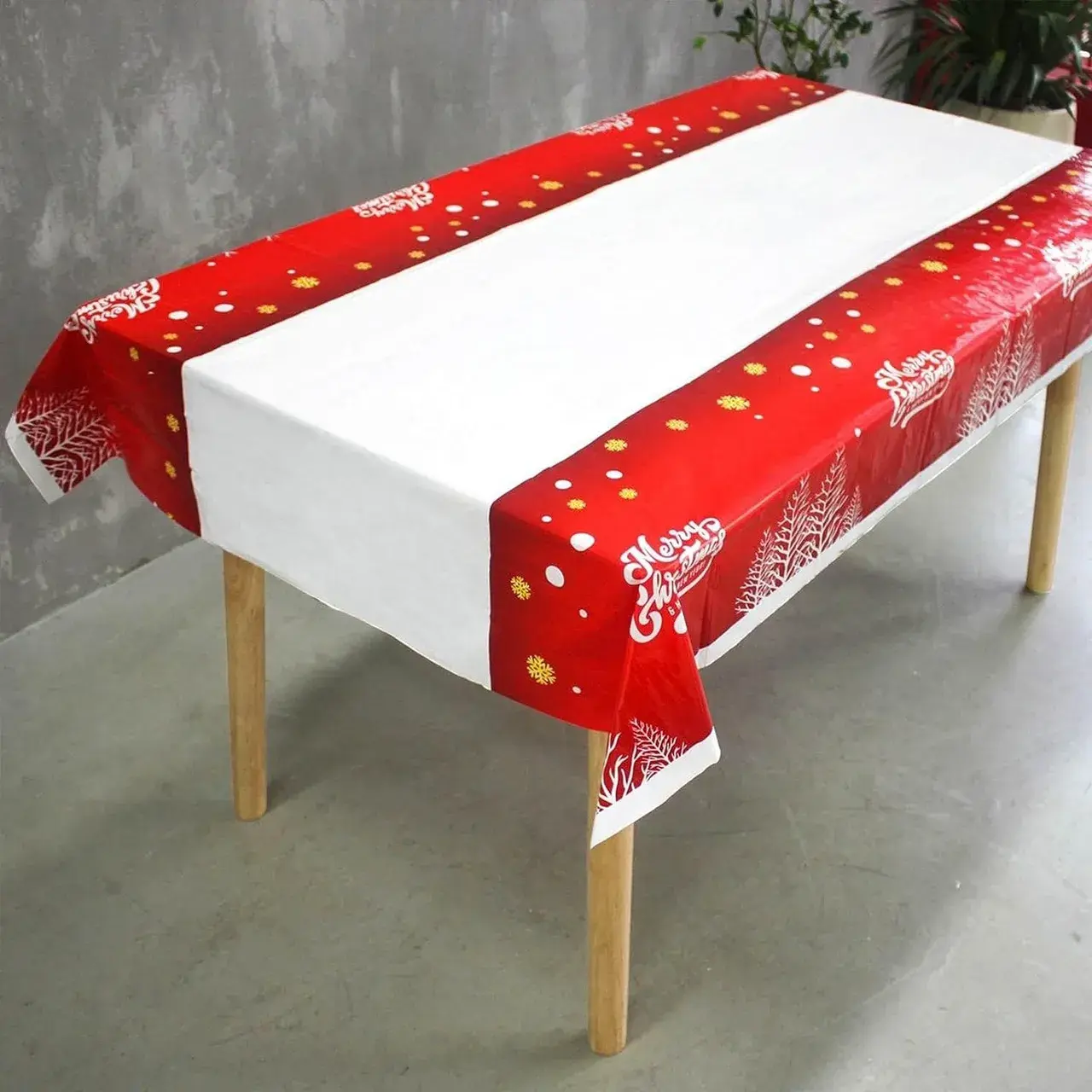 Fata de masa dreptunghiulara, PVC, 2.5 mm grosime, imprimeu Merry Christmas, potrivit pentru Craciun, utilizare multipla, 180 x 108 cm, alb (7)