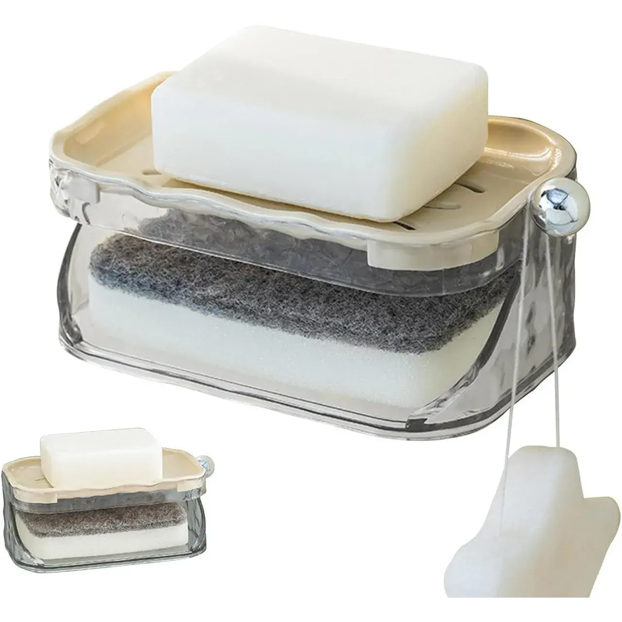 Savoniera Dubla EasyDry, 2 Straturi, cu Suport pentru Burete, Montare Fara Gaurire, 13.5 x 8.5 x 6 cm, Bej (5)