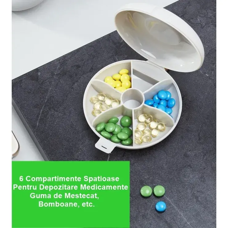 Cutie Depozitare Medicamente, 6 Compartimente, Inchidere Etans, Portabila, Rotund (4)