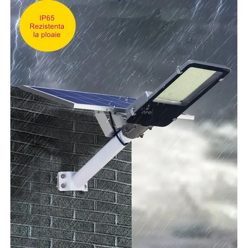 Lampa solara stradala, pentru curte sau strada, finisaj lucios, rezistent la apa, montare prin fixare, senzor lumina, baterie de litiu, IP65, lumina rece, putere 500W, autonomie 10 ore, 49.5 x 21 x 9 cm, negru (3)