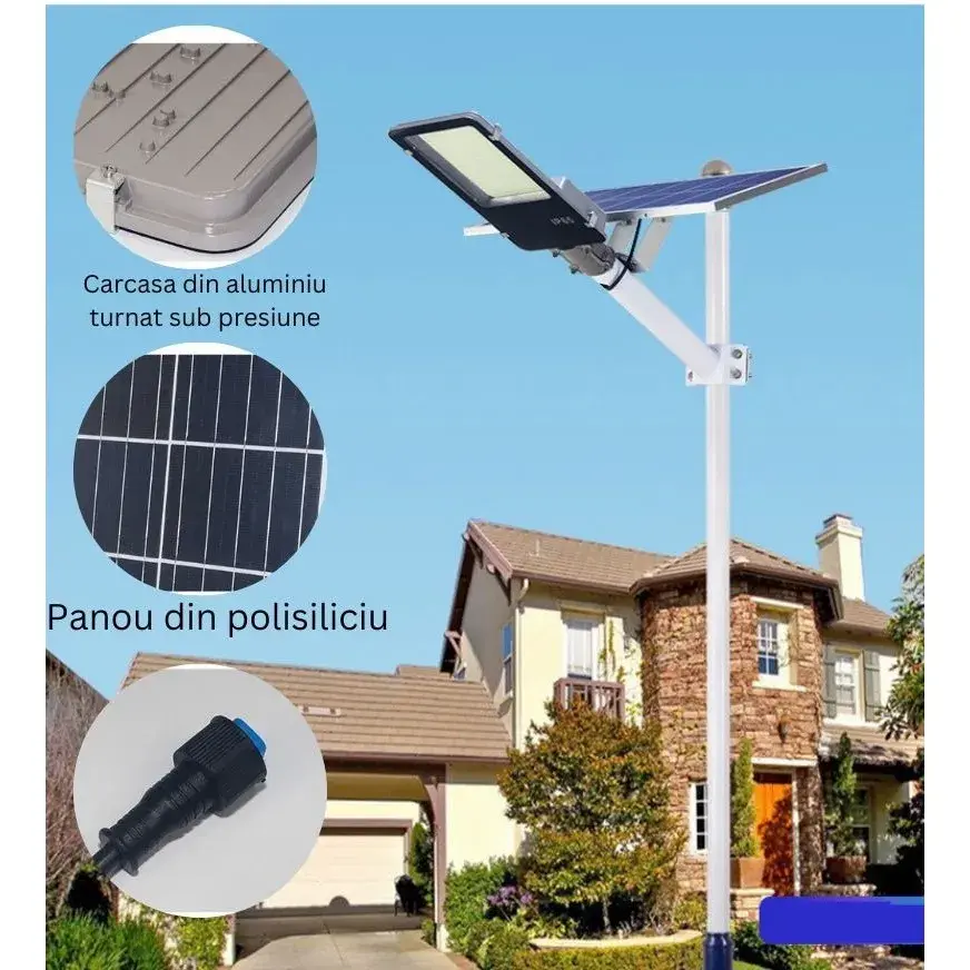 Lampa solara stradala, pentru curte sau strada, finisaj lucios, rezistent la apa, montare prin fixare, senzor lumina, baterie de litiu, IP65, lumina rece, putere 500W, autonomie 10 ore, 49.5 x 21 x 9 cm, negru (5)