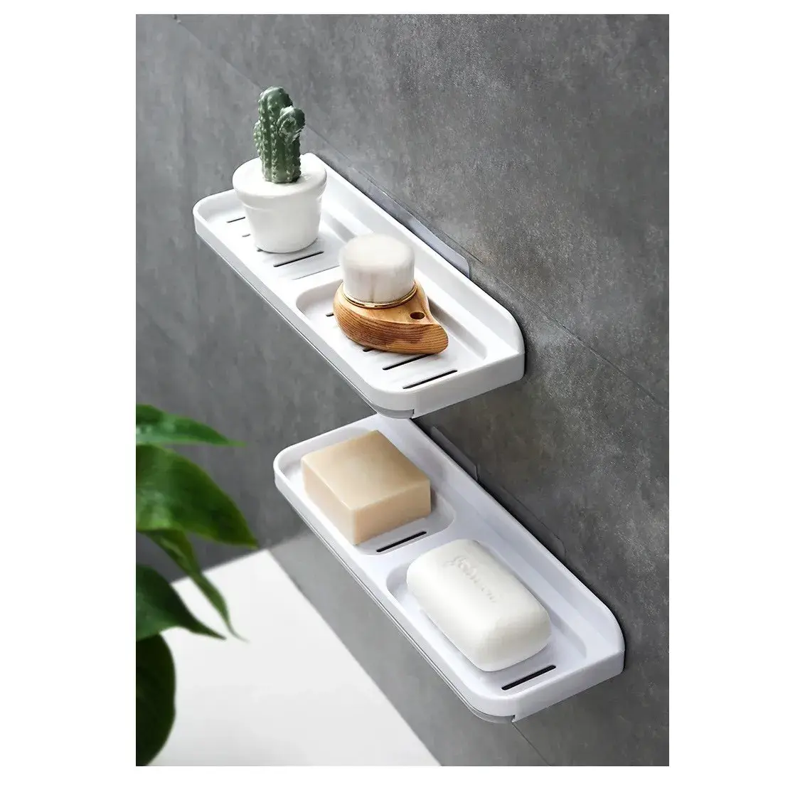 Savoniera Dubla, de Perete, cu Compartiment de Scurgere, Montare prin Lipire, 26 x 8 x 4 cm, Alb/Gri (3)