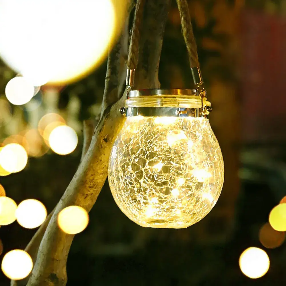 Lampa solara decorativa pentru exterior, IP65, 20 LED-uri, 600mAh, 14 x 12 cm, cu agatatoare, model borcan rotund, alb cald (3)