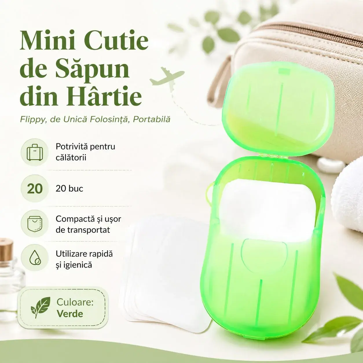 Mini Cutie de Sapun din Hartie, de Unica Folosinta, Portabila, Potrivit pentru Calatorii, 20 buc, Verde (2)