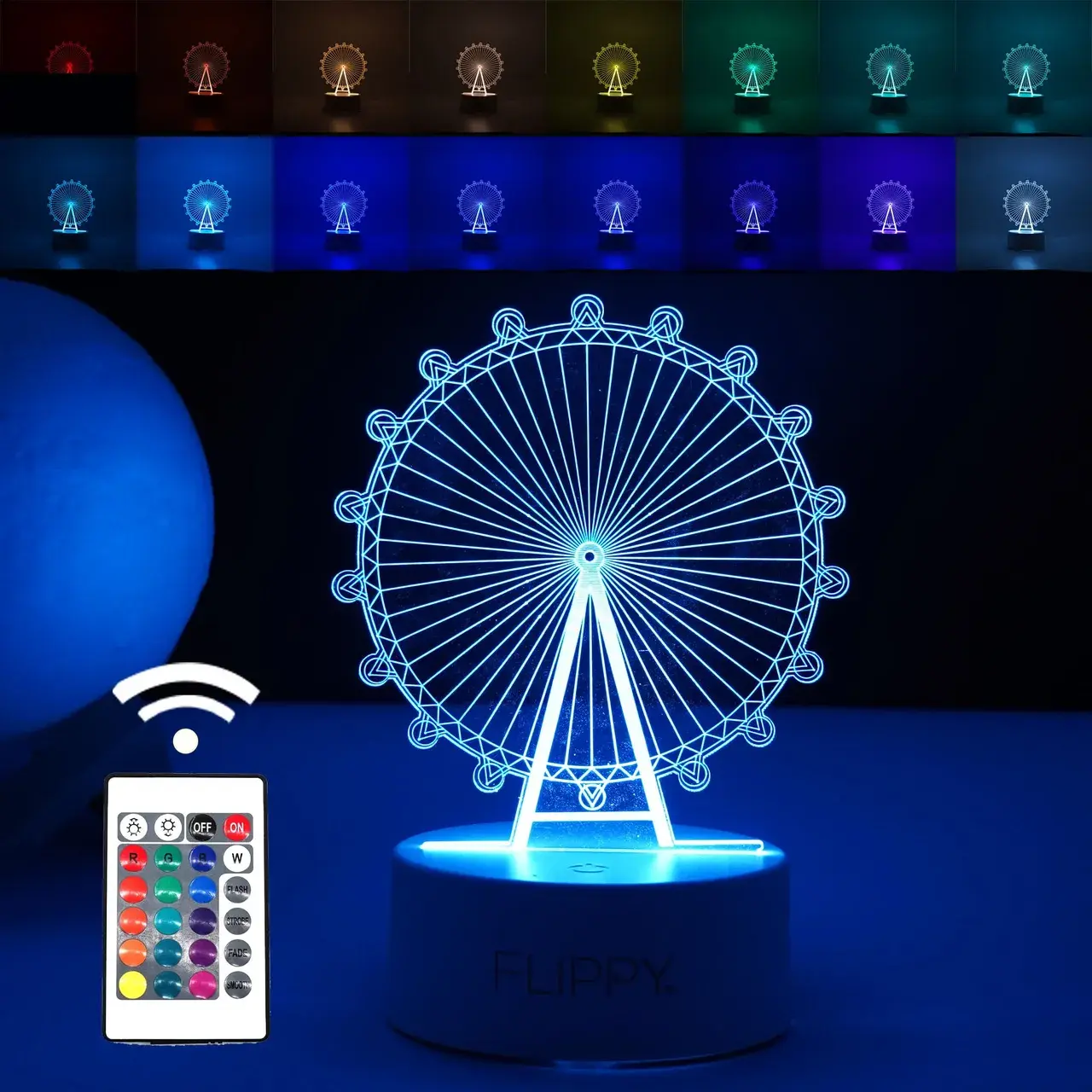 Lampa LED decorativa, 3D, Roata Panoramica, cu telecomanda, doua moduri de alimentare USB si baterii, 20 cm inaltime, din material acril si lumina multicolora, alb