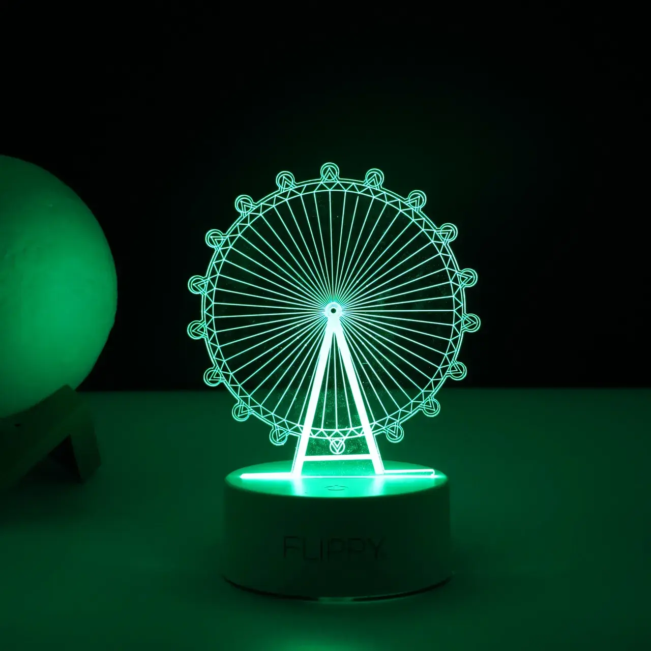Lampa LED decorativa, 3D, Roata Panoramica, cu telecomanda, doua moduri de alimentare USB si baterii, 20 cm inaltime, din material acril si lumina multicolora, alb (5)
