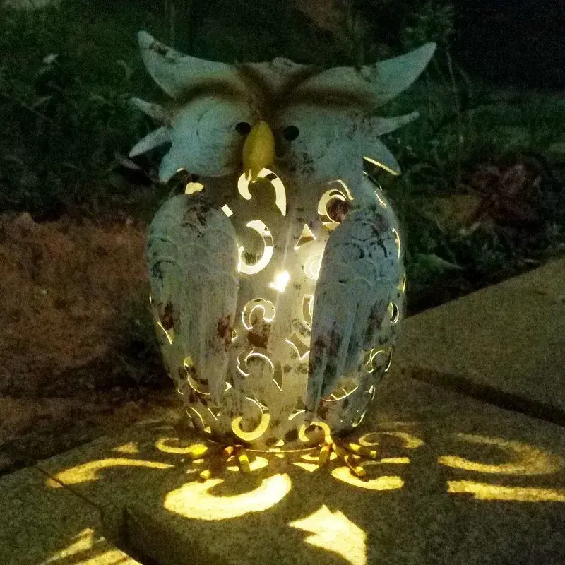 Decoratiune de Gradina cu Lampa solara, Model Bufnita, Iluminare Led si Incarcare Solara, 20.5 x 10 x 25.5 cm, din Fier, Gri Alb (5)