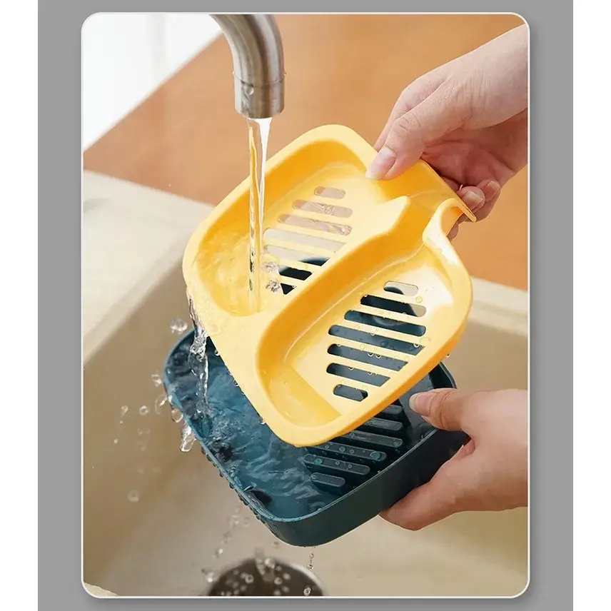 Savonieră Dublă, cu Sistem de Scurgere a Apei, din ABS, pentru 2 Săpunuri, Design Ventilat pentru Uscare Rapidă, 14.5 x 18 x 3 cm, Albastru/Galben (2)