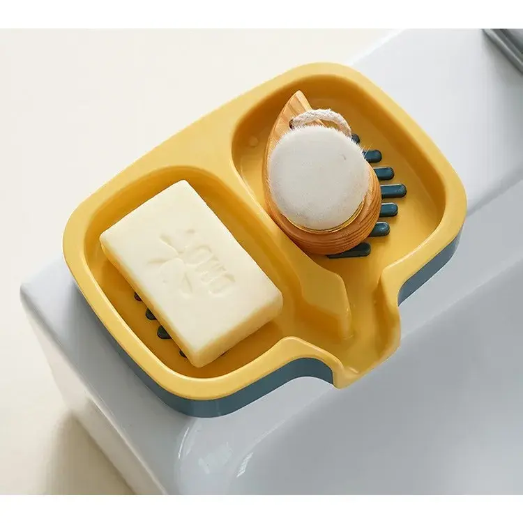 Savonieră Dublă, cu Sistem de Scurgere a Apei, din ABS, pentru 2 Săpunuri, Design Ventilat pentru Uscare Rapidă, 14.5 x 18 x 3 cm, Albastru/Galben (3)