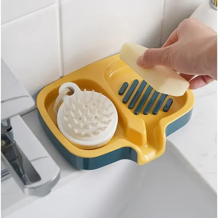 Savonieră Dublă, cu Sistem de Scurgere a Apei, din ABS, pentru 2 Săpunuri, Design Ventilat pentru Uscare Rapidă, 14.5 x 18 x 3 cm, Albastru/Galben (5)