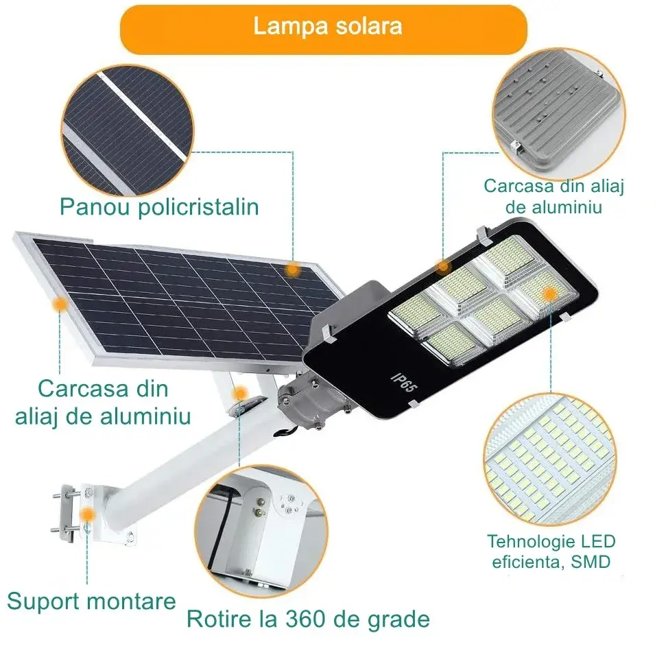 Lampa solara stradala, IP65, senzor de lumina, 417 LED-uri SMD, 24000 lm, 300W, autonomie 12-16 ore, telecomanda, montare prin fixare, pentru strada sau gradina, finisaj lucios, material ABS, 49.5 x 21 x 6.5 cm, lumina alb rece (4)