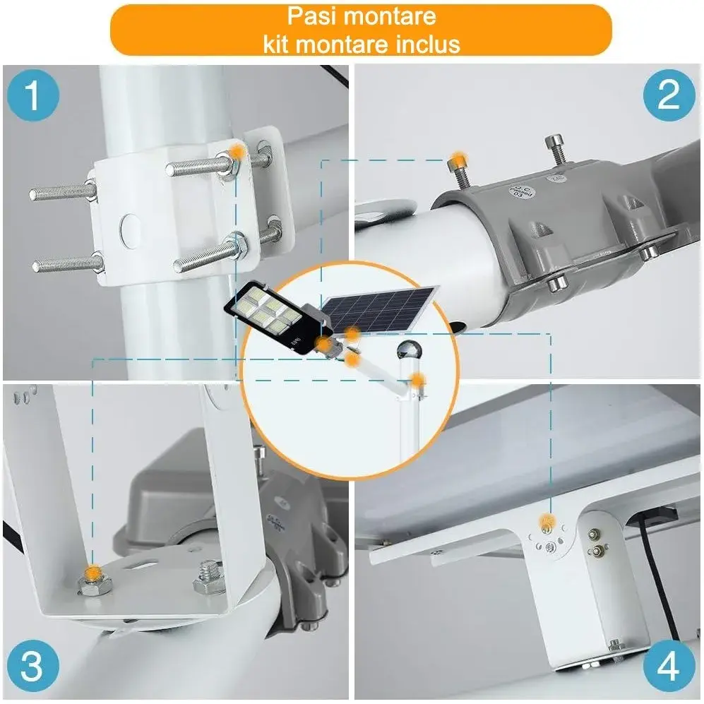 Lampa solara stradala, IP65, senzor de lumina, 417 LED-uri SMD, 24000 lm, 300W, autonomie 12-16 ore, telecomanda, montare prin fixare, pentru strada sau gradina, finisaj lucios, material ABS, 49.5 x 21 x 6.5 cm, lumina alb rece (5)