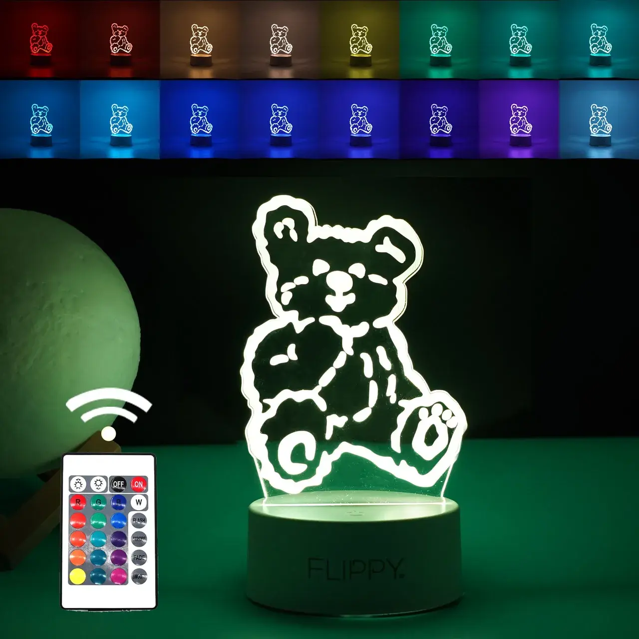 Lampa LED decorativa, 3D, Ursulet, cu telecomanda, doua moduri de alimentare USB si baterii, 20 cm inaltime, din material acril si lumina multicolora, alb