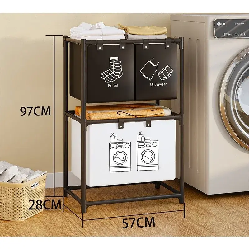 Cos de Rufe, cu 2 Etaje, 3 Cosuri, Cadru de Otel Inoxidabil, 97x28x57 cm, Negru (2)