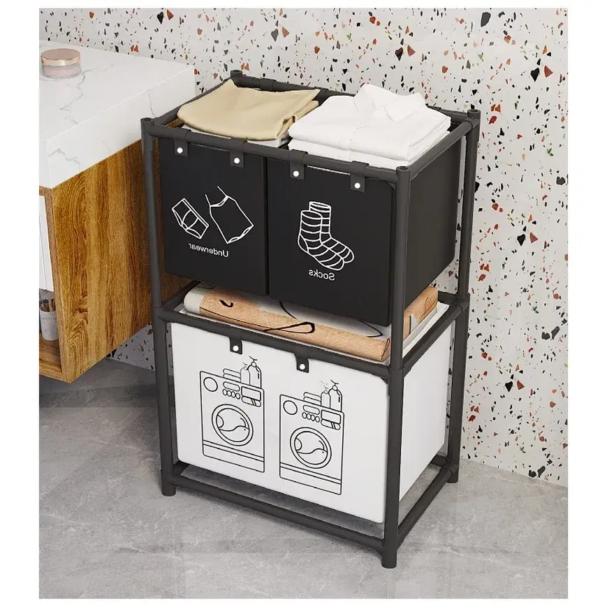 Cos de Rufe, cu 2 Etaje, 3 Cosuri, Cadru de Otel Inoxidabil, 97x28x57 cm, Negru (6)