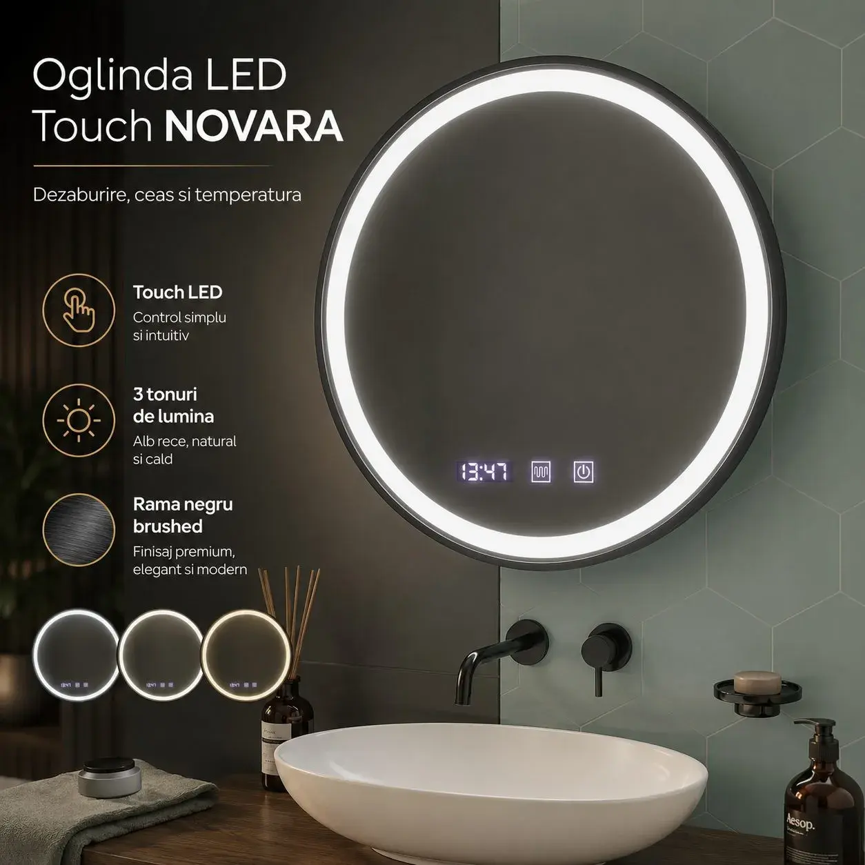 Oglinda LED Touch NOVARA Sistem Dezaburire, Ceas si Temperatura 70 cm Rama Negru Brushed (2)