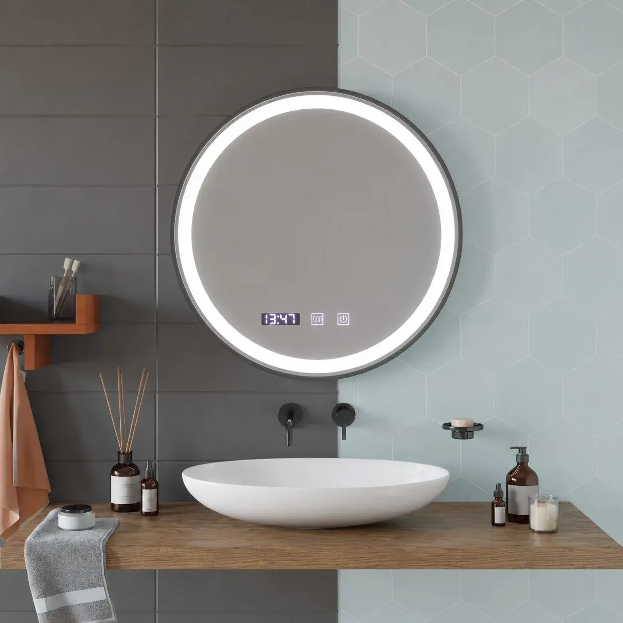 Oglinda LED Touch NOVARA Sistem Dezaburire, Ceas si Temperatura 70 cm Rama Negru Brushed (3)
