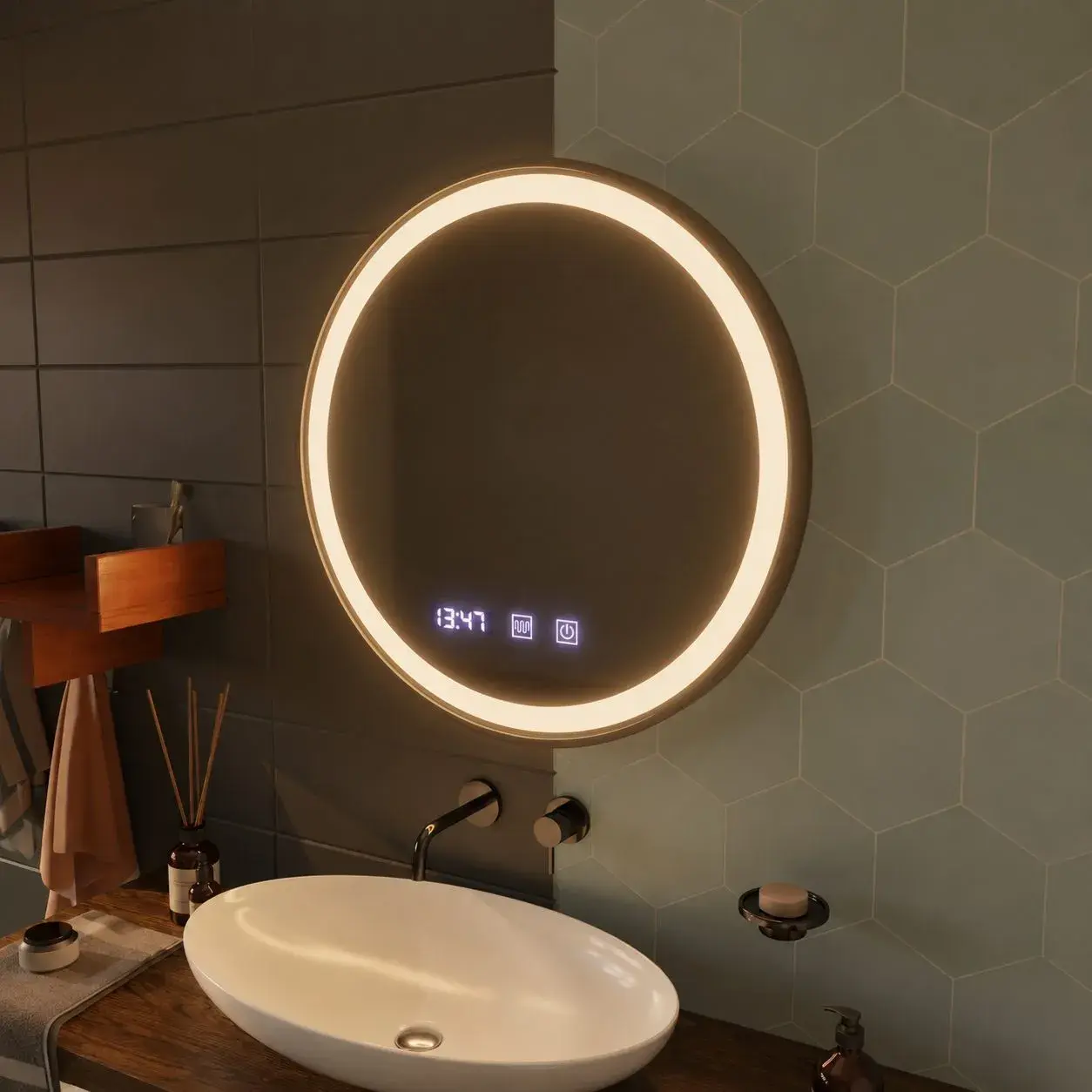 Oglinda LED Touch NOVARA Sistem Dezaburire, Ceas si Temperatura 70 cm Rama Negru Brushed (4)