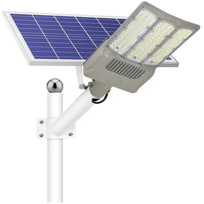 Lampa solara stradala, pentru curte sau strada, cu trei grile, finisaj mat, rezistent la apa, montare prin fixare, senzor lumina, baterie de litiu, IP65, lumina rece, putere 1000W, autonomie 10 ore, 55 x 23 x 9 cm, gri