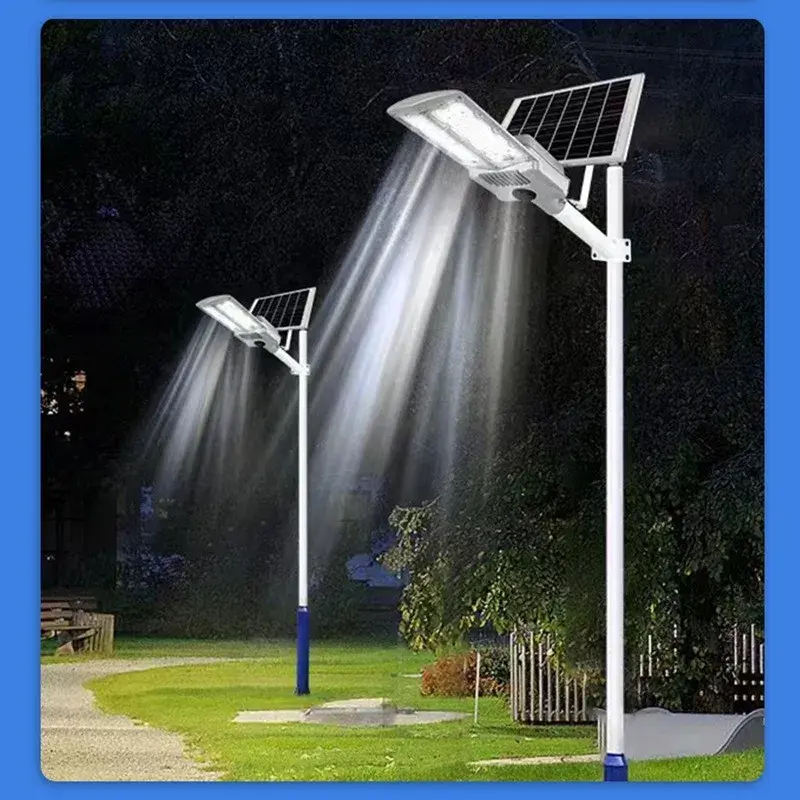 Lampa solara stradala, pentru curte sau strada, cu trei grile, finisaj mat, rezistent la apa, montare prin fixare, senzor lumina, baterie de litiu, IP65, lumina rece, putere 1000W, autonomie 10 ore, 55 x 23 x 9 cm, gri (2)