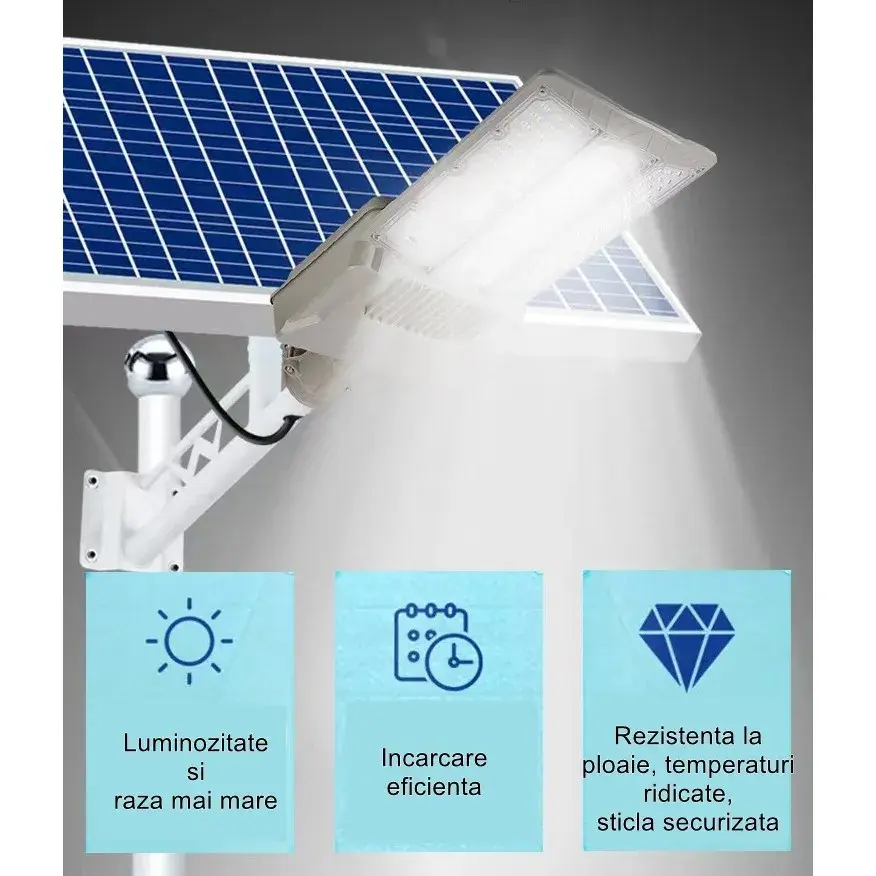 Lampa solara stradala, pentru curte sau strada, cu trei grile, finisaj mat, rezistent la apa, montare prin fixare, senzor lumina, baterie de litiu, IP65, lumina rece, putere 1000W, autonomie 10 ore, 55 x 23 x 9 cm, gri (8)