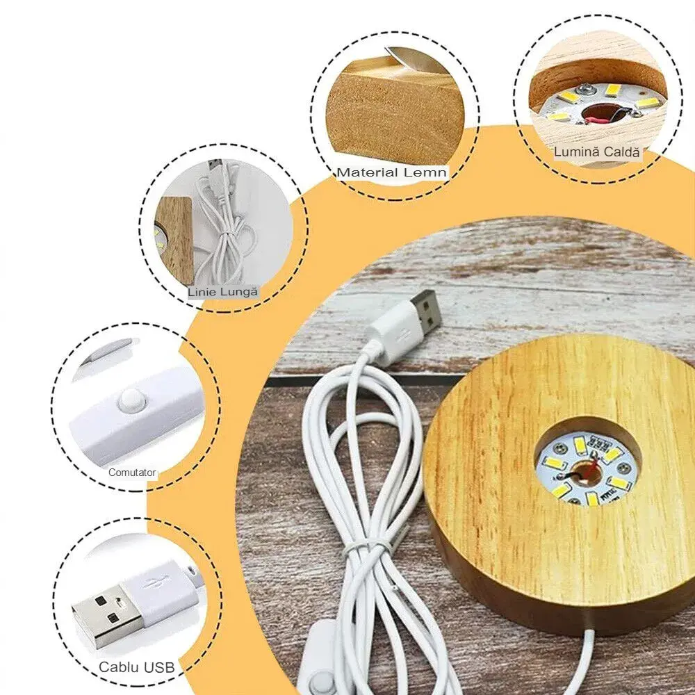 Lampa LED Decorativa, cu Bila de Cristal cu Diametru 6cm, Model Brad de Craciun 3D, Alimentare USB, Suport din Lemn, Lumina Alb Cald (5)
