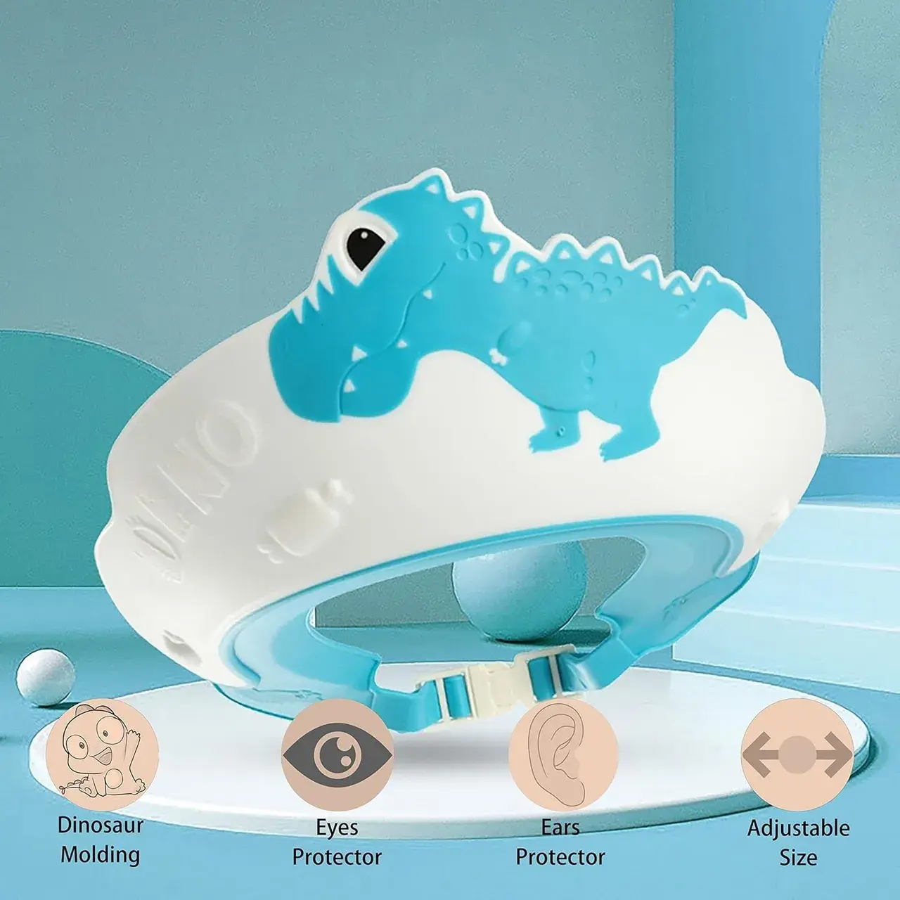 Viziera de Protectie Baie Pentru Copii, Fippy, Model Dinozaur, Dimensiune ajustabila, Durabil, Usor de curatat, Impotriva Samponului, pentru Ochi si Urechi, TPE+PP, 22x21 cm, Albastru (2)