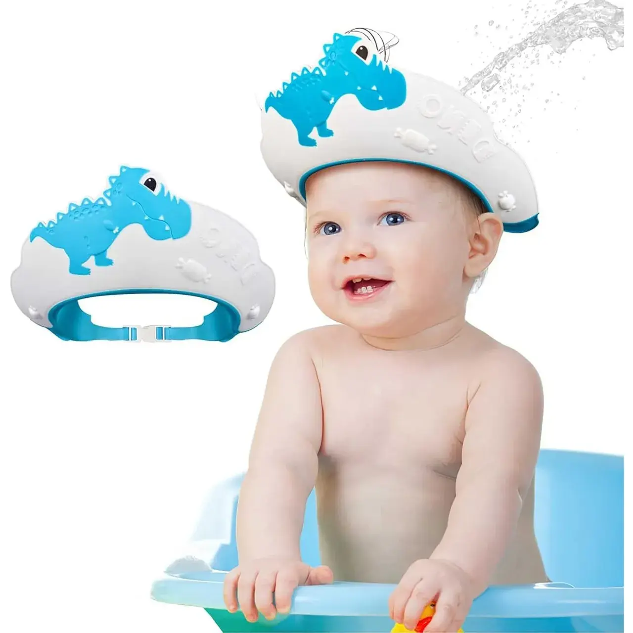 Viziera de Protectie Baie Pentru Copii, Fippy, Model Dinozaur, Dimensiune ajustabila, Durabil, Usor de curatat, Impotriva Samponului, pentru Ochi si Urechi, TPE+PP, 22x21 cm, Albastru (4)