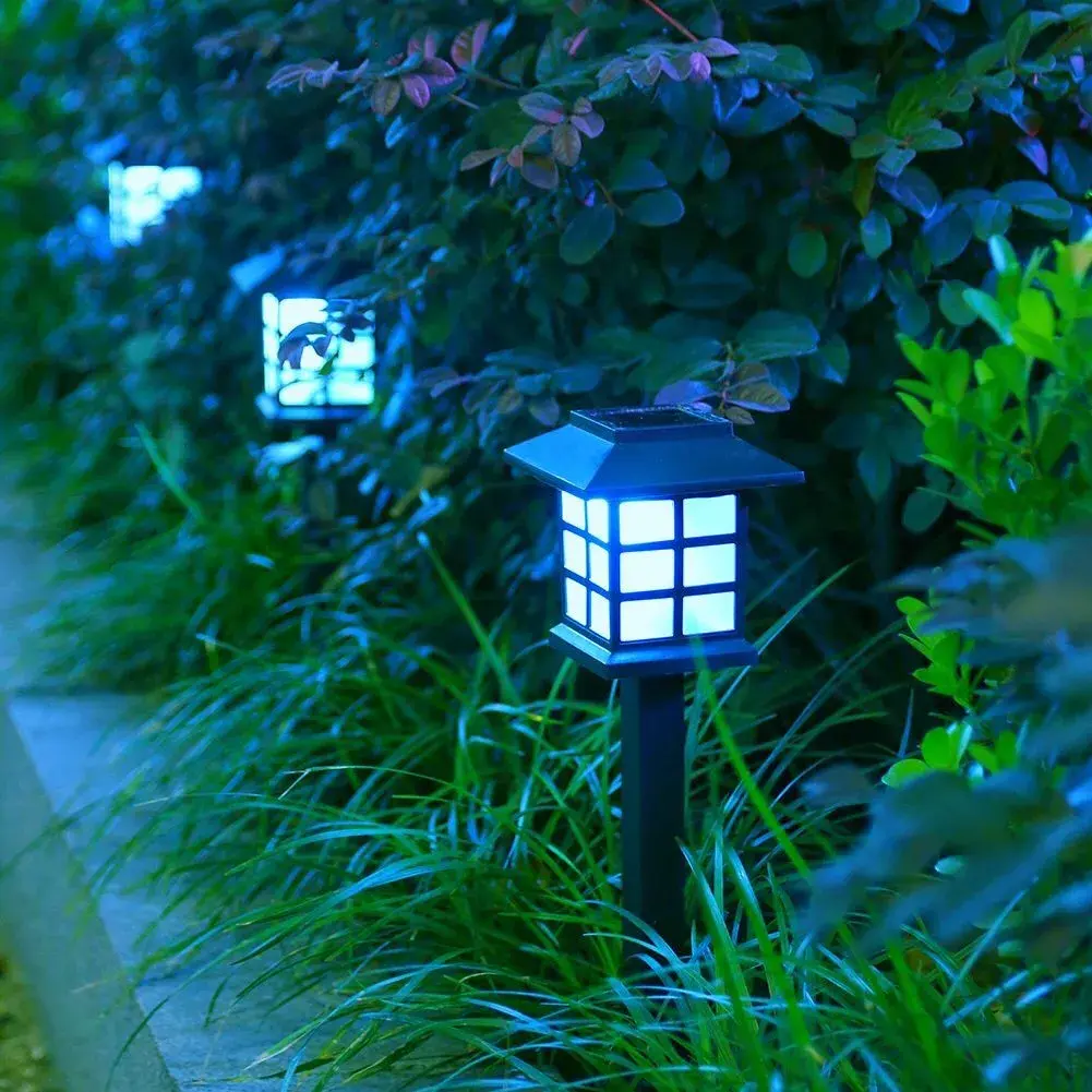 Lampa solara pentru gradina, Set 2 Bucati, Tip Felinar la Pamant, LED Lumina Albastra, 38 x 8.6 x 8.6 cm, Negru