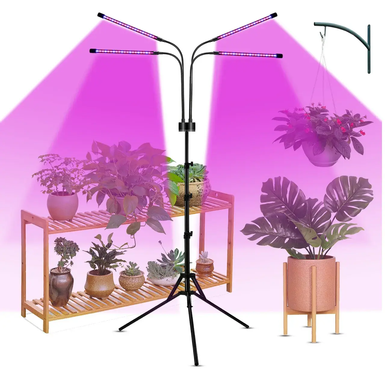 Lampa UV pentru cresterea plantelor, 4 capete, putere 30W, 108 LED-uri Lampa cu lumina Ultra-Violet, Lampa cu Picior Ajustabil pana la 2 m, Lumina UV Mov (3)