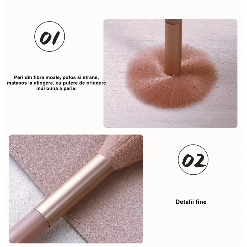 Mini Set Portabil 8 Pensule pentru Machiaj, Super Soft, Makeup Profesional/Incepatori, Maner Ergonomic, Gentuta Depozitare Inclusa, Maro (4)