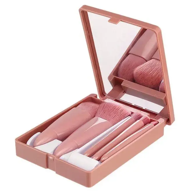 Set 5 Mini Pensule de Machiaj, Portabile, in Carcasa cu Oglinda, din Par Sintetic Moale, 12x7x2.5 cm (5)