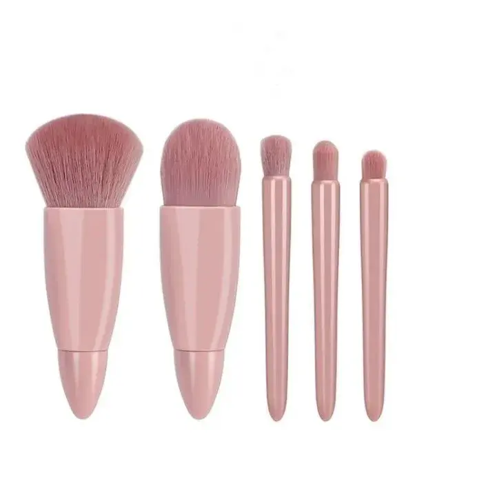 Set 5 Mini Pensule de Machiaj, Portabile, in Carcasa cu Oglinda, din Par Sintetic Moale, 12x7x2.5 cm (6)