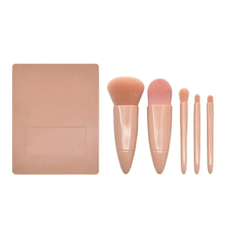 Set 5 Mini Pensule de Machiaj, Portabile, in Carcasa cu Oglinda, din Par Sintetic Moale, 12x7x2.5 cm (7)
