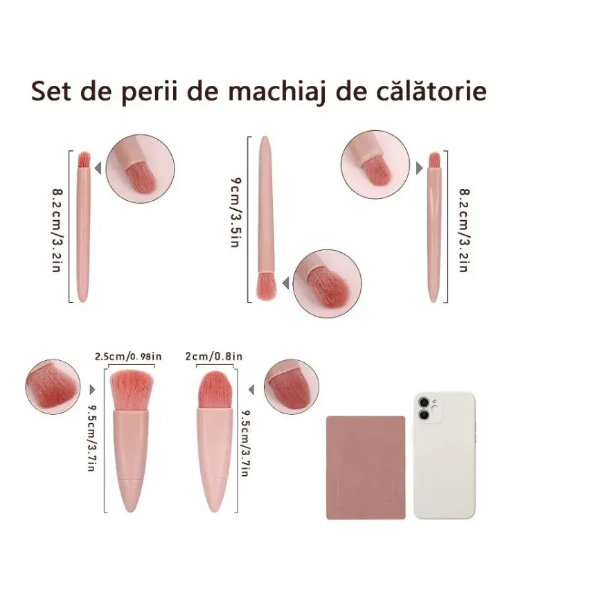 Set 5 Mini Pensule de Machiaj, Portabile, in Carcasa cu Oglinda, din Par Sintetic Moale, 12x7x2.5 cm (9)