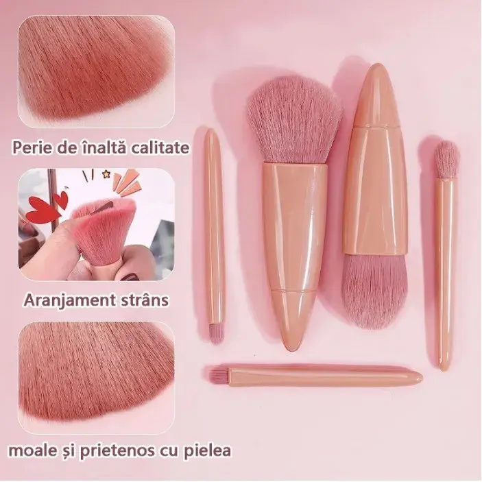 Set 5 Mini Pensule de Machiaj, Portabile, in Carcasa cu Oglinda, din Par Sintetic Moale, 12x7x2.5 cm (10)