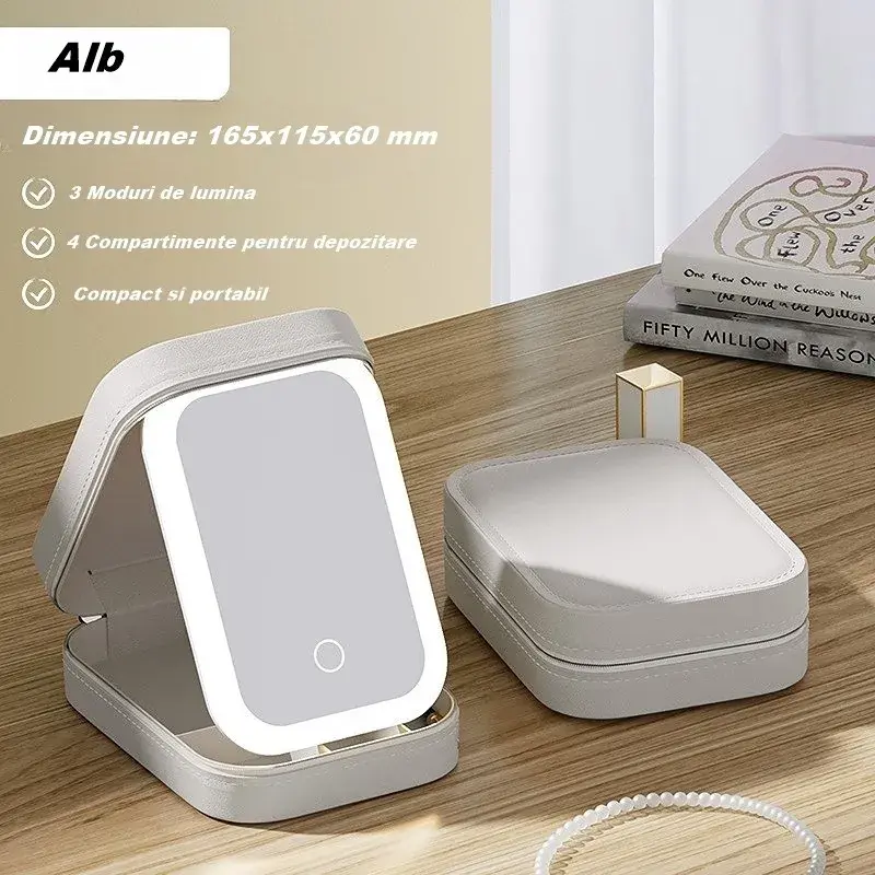 Portfard, Geanta Cosmetice, cu Oglinda LED, 3 Moduri de Lumina, Incarcare USB, Baterie 1200 mAh, pentru Organizarea Cosmeticelor, 4 Compartimente, Imitatie Piele, Alb, 16.5x11.5x6 cm (3)