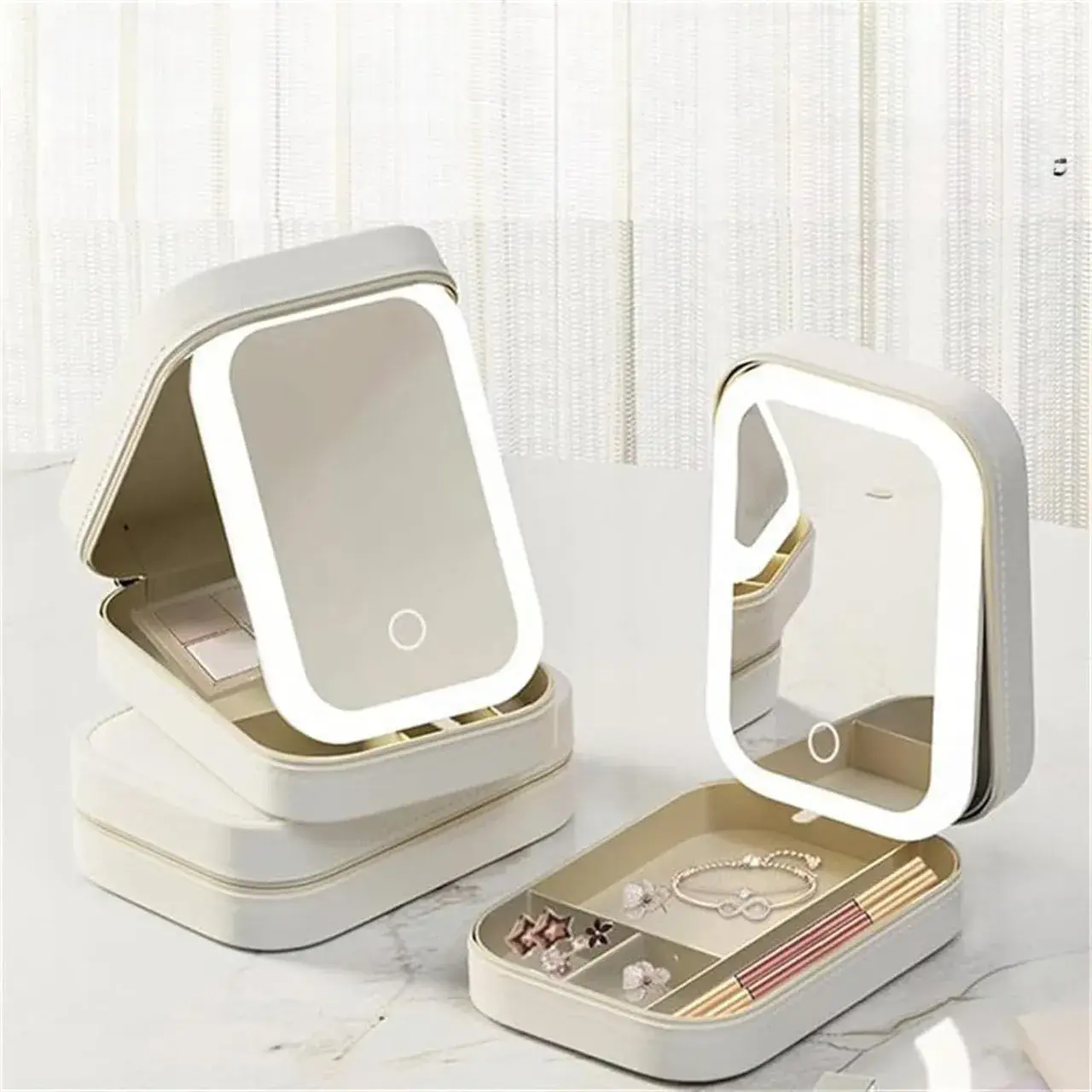 Portfard, Geanta Cosmetice, cu Oglinda LED, 3 Moduri de Lumina, Incarcare USB, Baterie 1200 mAh, pentru Organizarea Cosmeticelor, 4 Compartimente, Imitatie Piele, Alb, 16.5x11.5x6 cm (6)