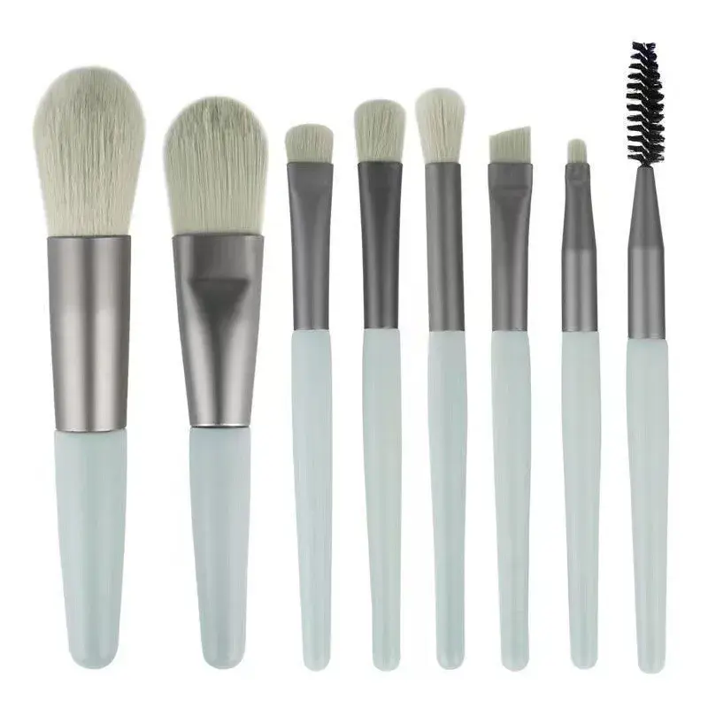 Mini Set Portabil cu 8 Pensule de Machiaj cu Husa cu Peri Moi și Densi, pentru Fond de Ten, Pudră, Blush, Fard și Sprâncene, Verde Menta (3)