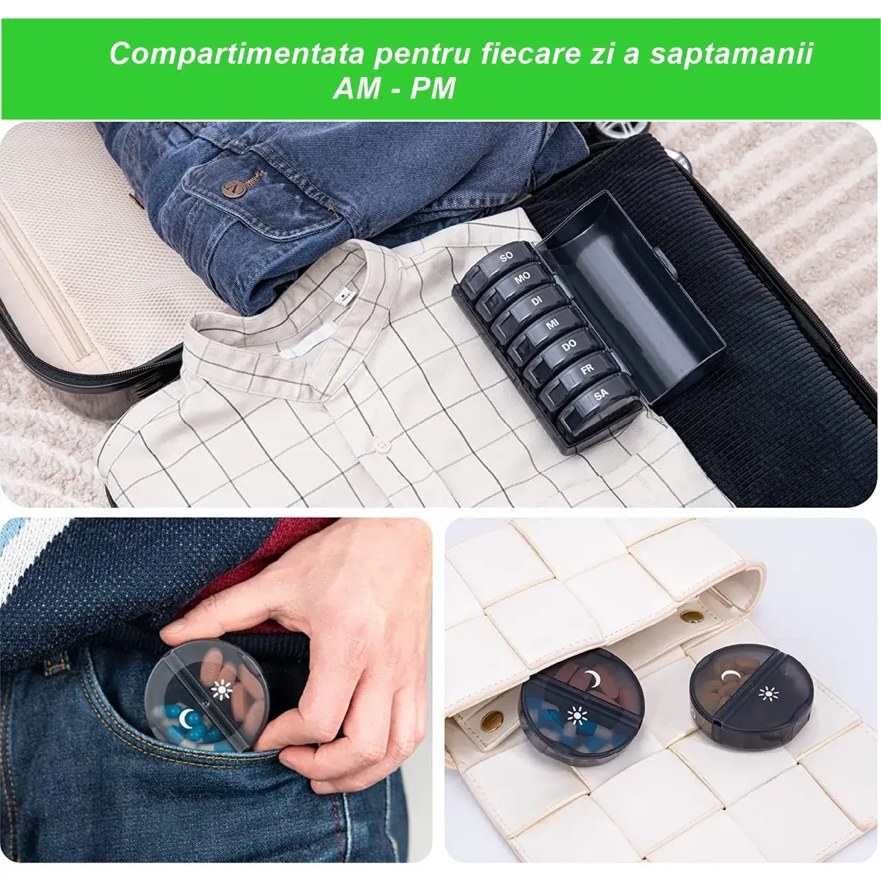 Cutie Depozitare Medicamente, 7 Zile, 14 Compartimente, Cutie Suport, Recipiente Detasabile, Portabila (6)