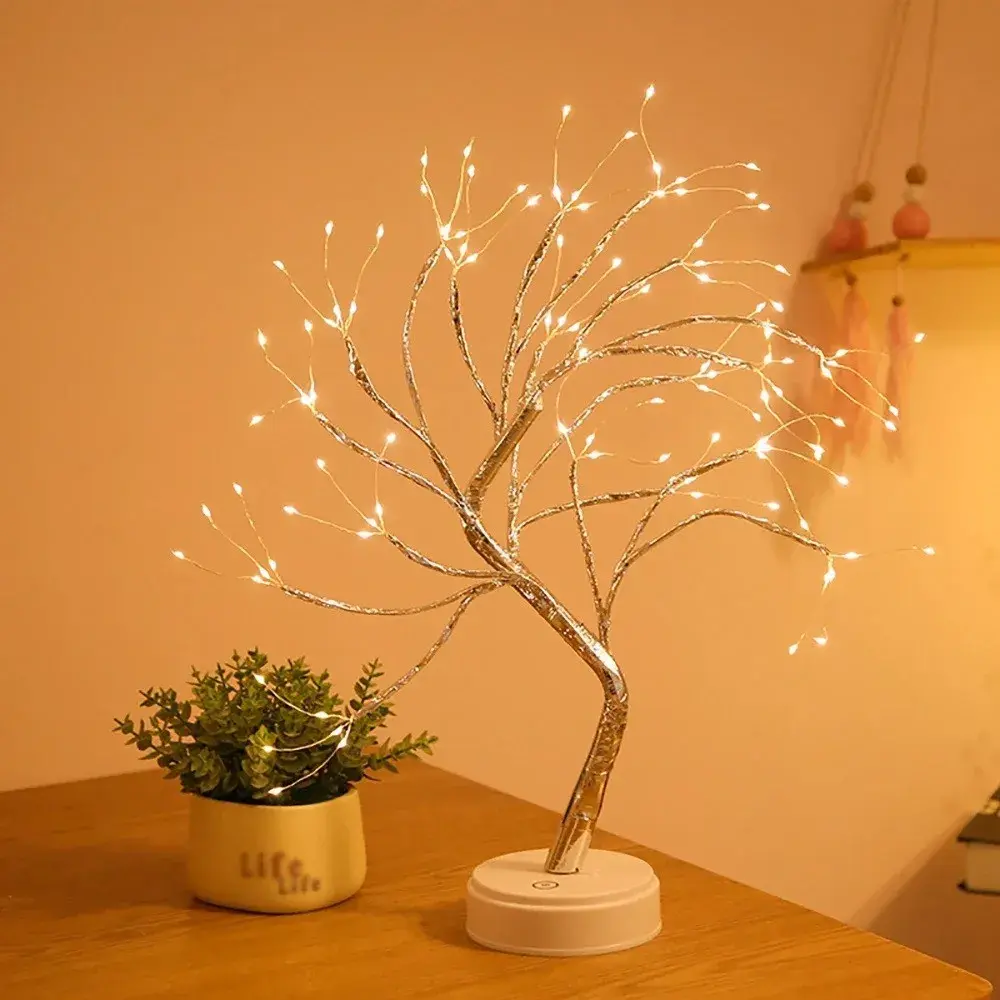 Lampa de veghe LED cu baterii si USB, Model Copac din cupru, Alb cald (3)