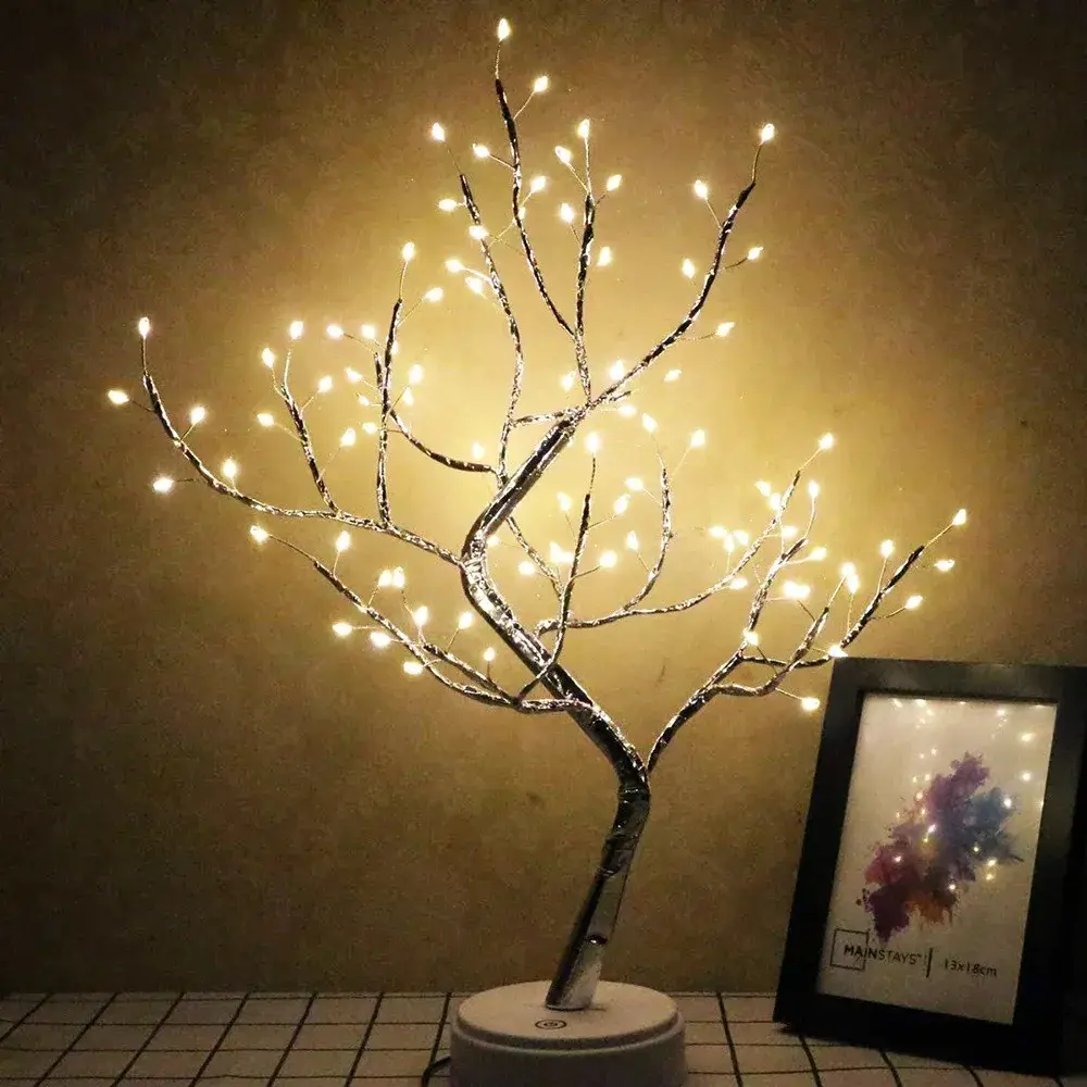 Lampa de veghe LED cu baterii si USB, Model Copac din cupru, Alb cald (4)