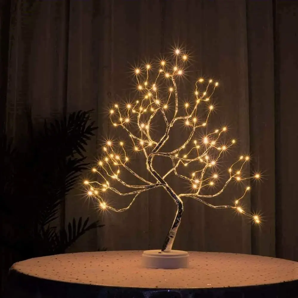 Lampa de veghe LED cu baterii si USB, Model Copac din cupru, Alb cald (5)