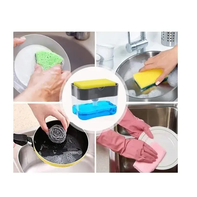 Dozator, Dispenser 2 in 1 pentru Detergent Lichid de Vase sau pentru Obiecte Sanitare cu Suport pentru Burete de Bucatarie,14 x 10.5 x 10 cm, capacitate 380 ml, gri (3)