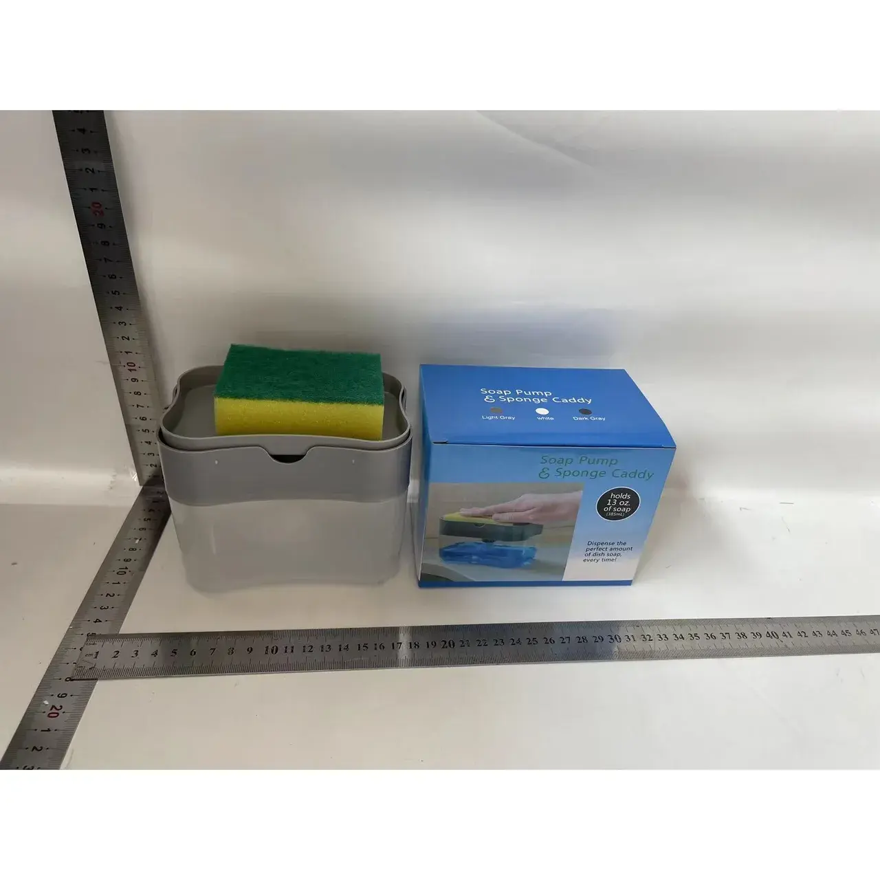 Dozator, Dispenser 2 in 1 pentru Detergent Lichid de Vase sau pentru Obiecte Sanitare cu Suport pentru Burete de Bucatarie,14 x 10.5 x 10 cm, capacitate 380 ml, gri (5)