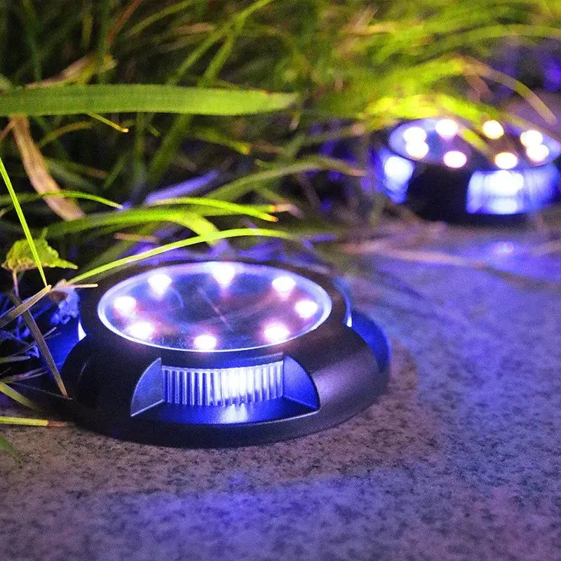 Lampa solara LED tip spot pentru gradina, cu 4 leduri laterale multicolore si 8 leduri principale alb rece, IP65, material ABS, baterie 2V, 700 mah, 11x13.5 cm, multicolor