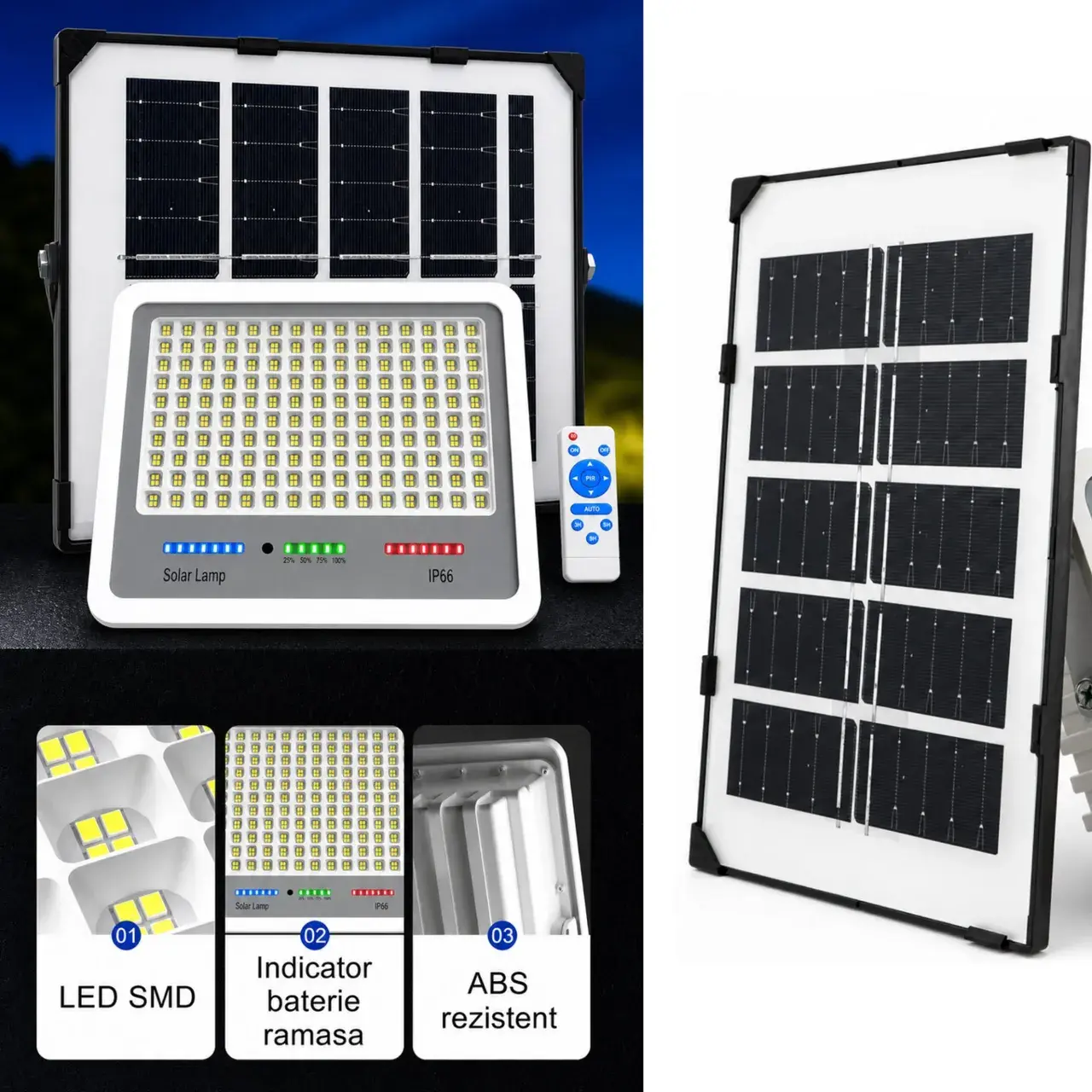Proiector LED cu Panou Solar, Senzor de lumina, Waterproof, 96 LED-uri incorporate, 30W, 17x13 cm, IP67, Design Modern,Alb (2)